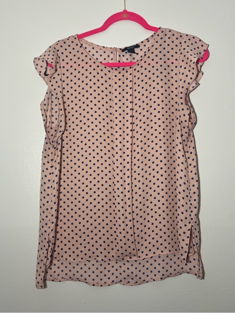 Blush Pink Polka Dot Top with Navy Dots
